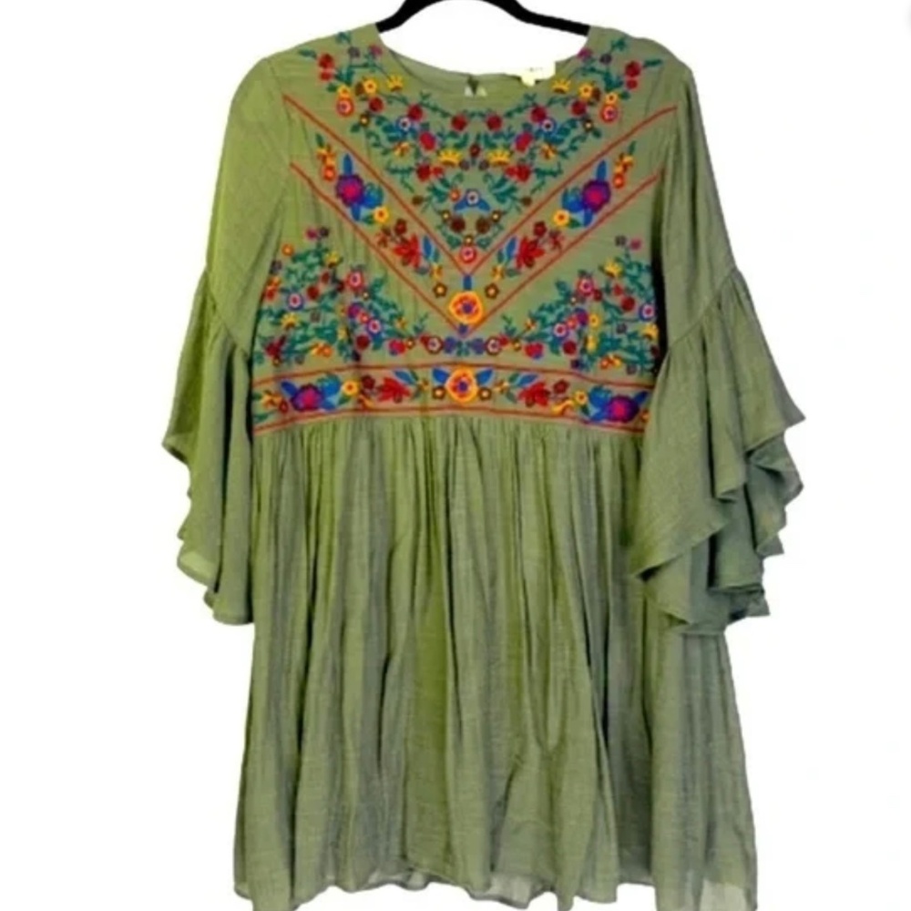 UMGEE‎ Olive Green Embroidered Floral Boho Bliss Mini Dress